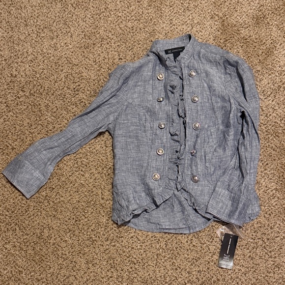 INC International Concepts Gray Ruffle Button-Up Top - Picture 1 of 4